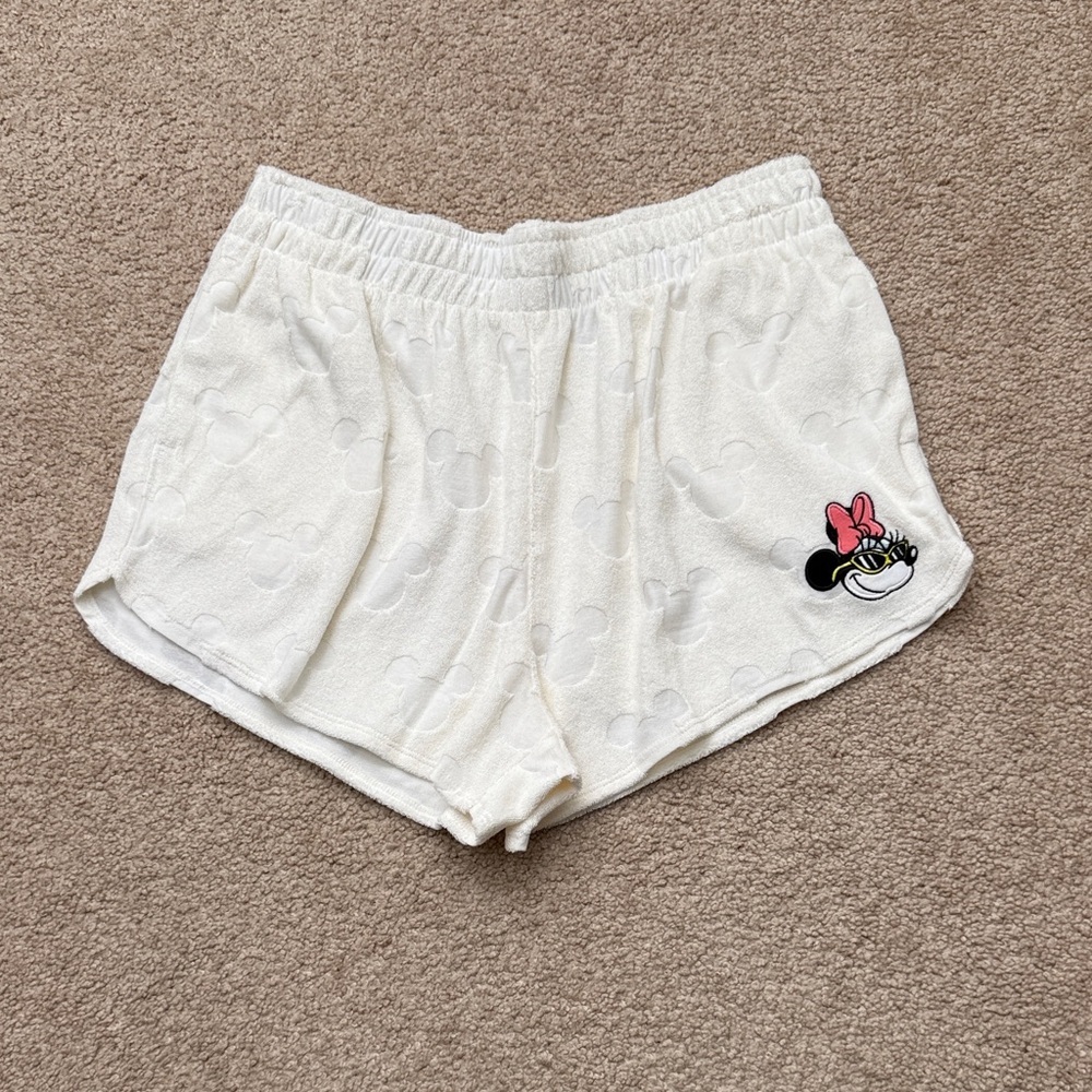 Disney Minnie Mouse Terry Cloth Shorts Cream White Retro Lounge Pajama Medium